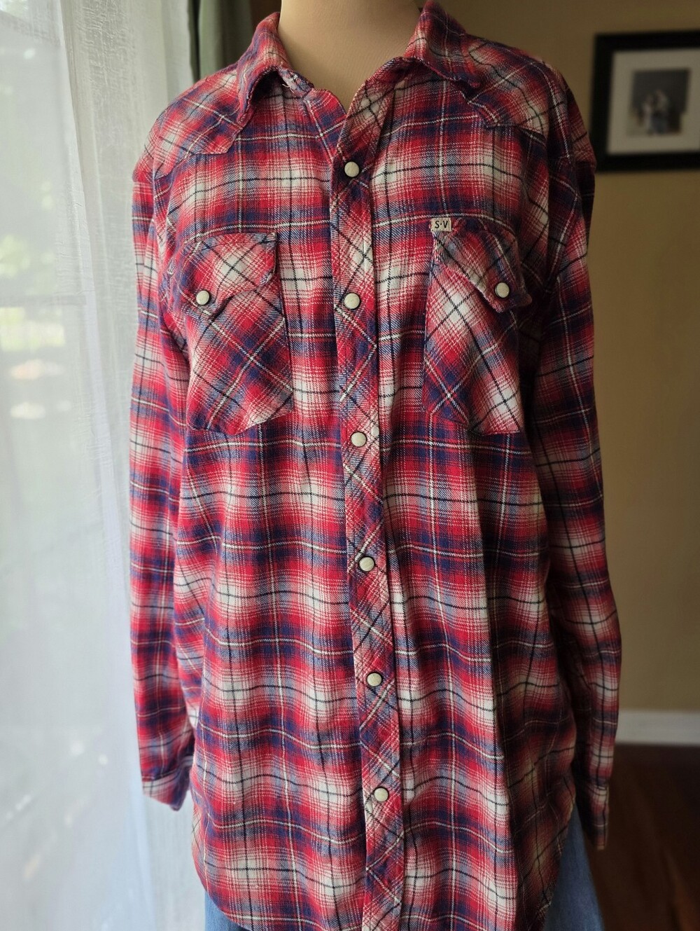 Salt Valley Western Flannel‎ Pearl Snap Shirt Large Plaid Red Blue Cotton Mens